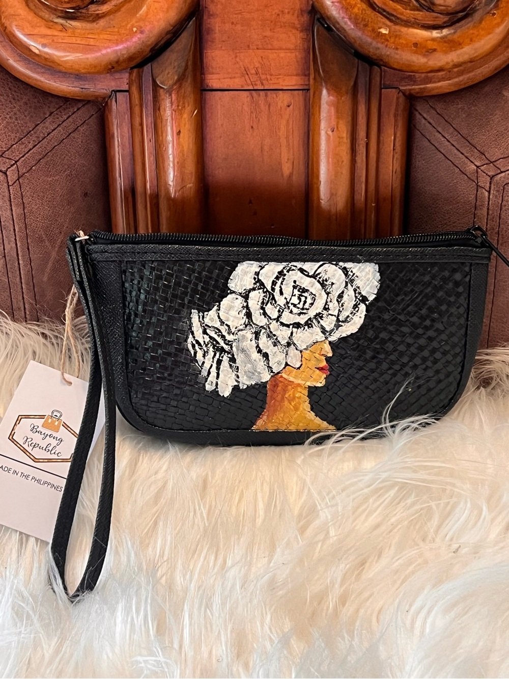 Hand-Painted  Woven Clutch with Floral Head made Philippine wrestle or clutch